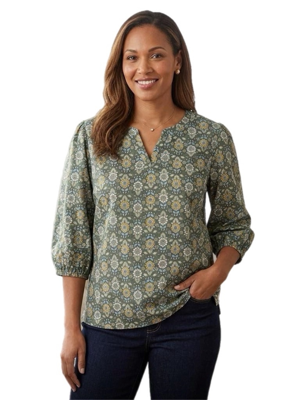 Croft & Barrow Patterned Green Three-Quarter Sleeve Women's Top Size L